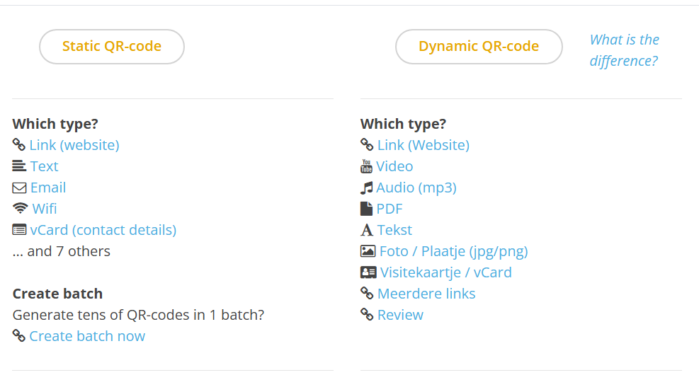 Screenshot van gratisqrcode.nl waarop 2 lijsten met resp. statisch en dynamische QR code typen te zien zijn.